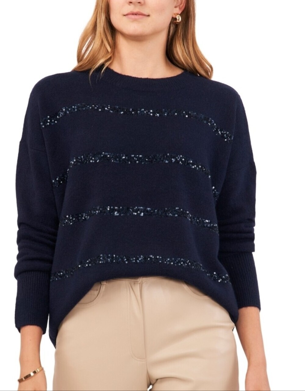 Vince Camuto Womens Sequined Long Sleeve Classic Navy Blue Medium $69 MSRP
